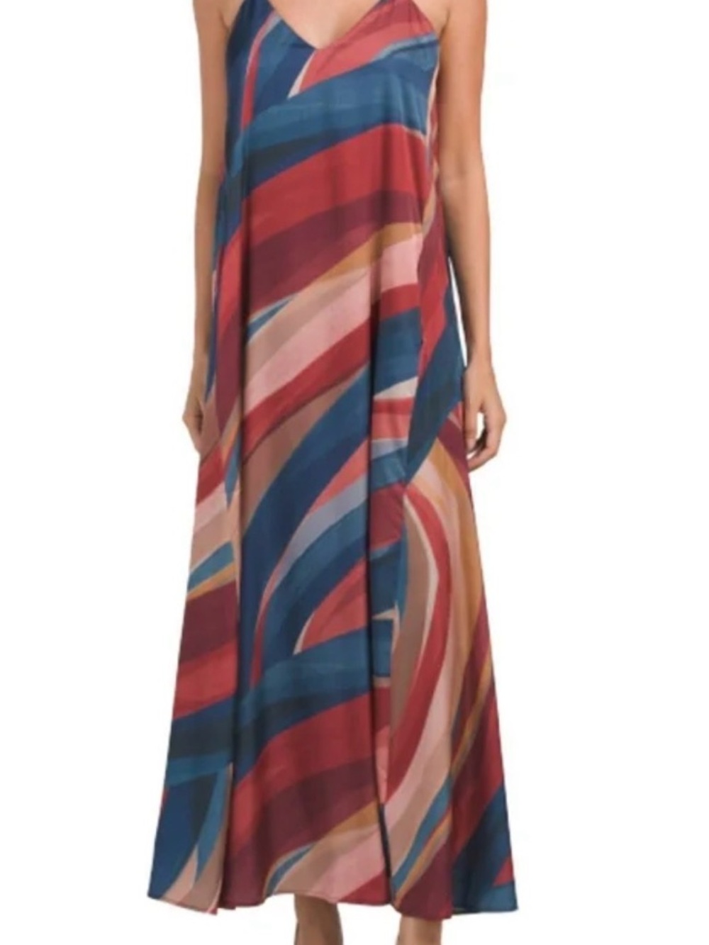 Nicole Miller Strappy Maxi Dress in Blue, Red & Pink Swirl